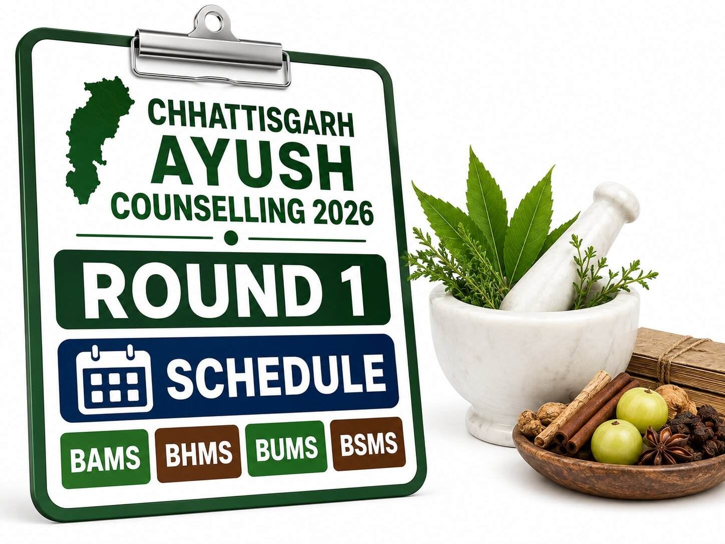 Chhattisgarh AYUSH Counselling 2026: Round 1 Schedule for BAMS, BHMS, BUMS & BSMS