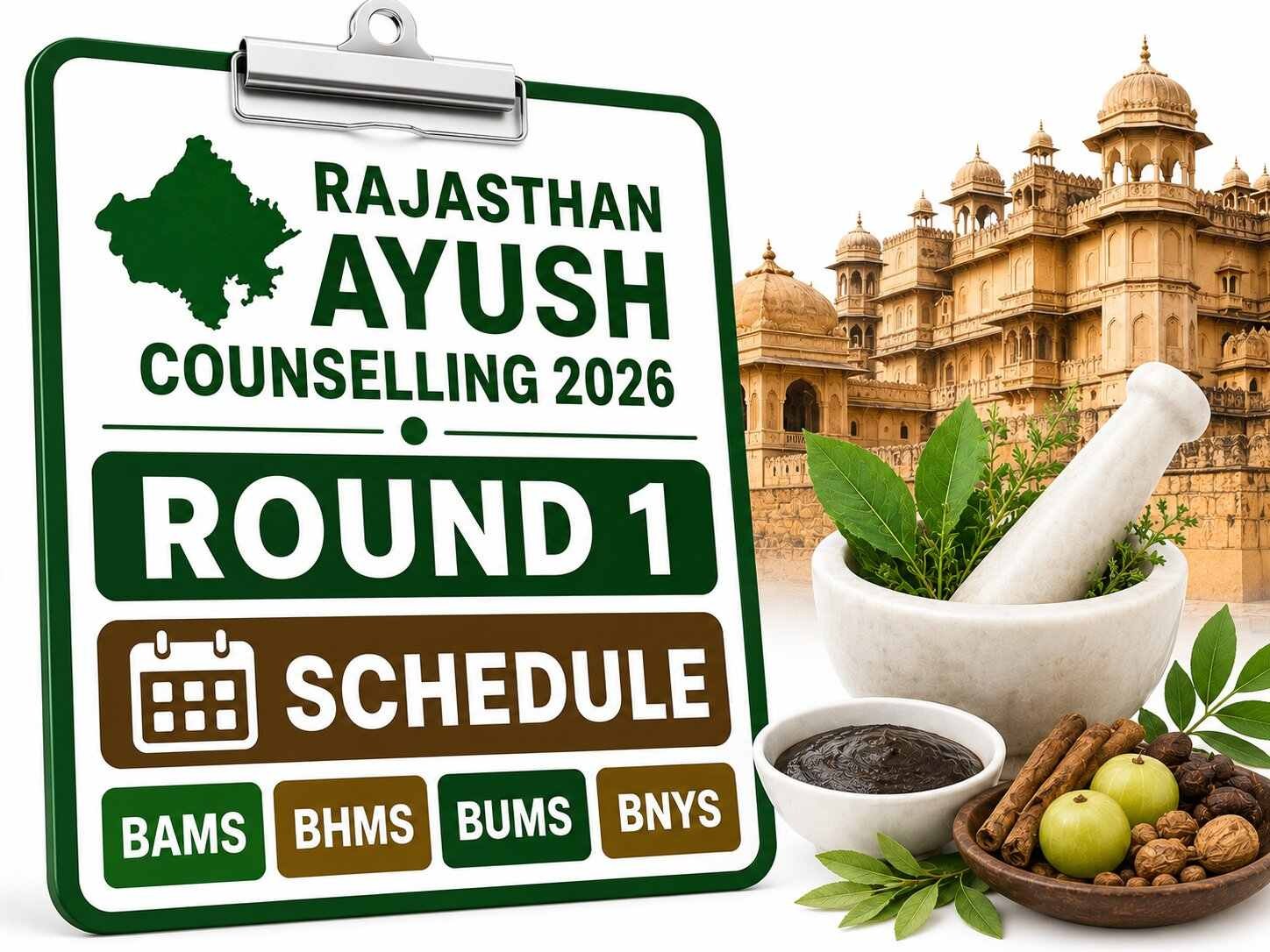 Rajasthan AYUSH Counselling 2026: Round 1 Schedule for BAMS, BHMS, BUMS & BNYS